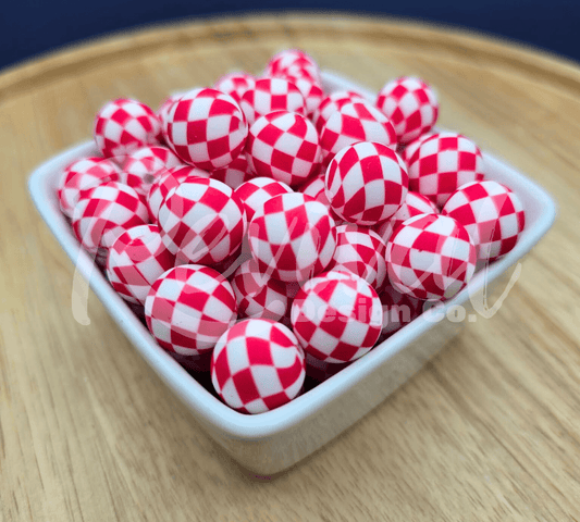 15mm Patterned Silicone Bead - Red Checker