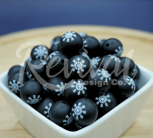 15mm Patterned Silicone Bead - Black Snowflake
