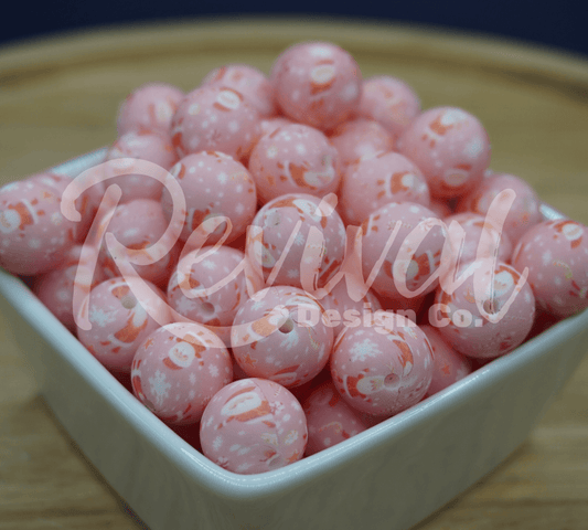 15mm Patterned Silicone Bead - Pink Santa Print