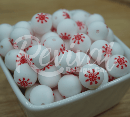 15mm Patterned Silicone Bead - Red Snowflake